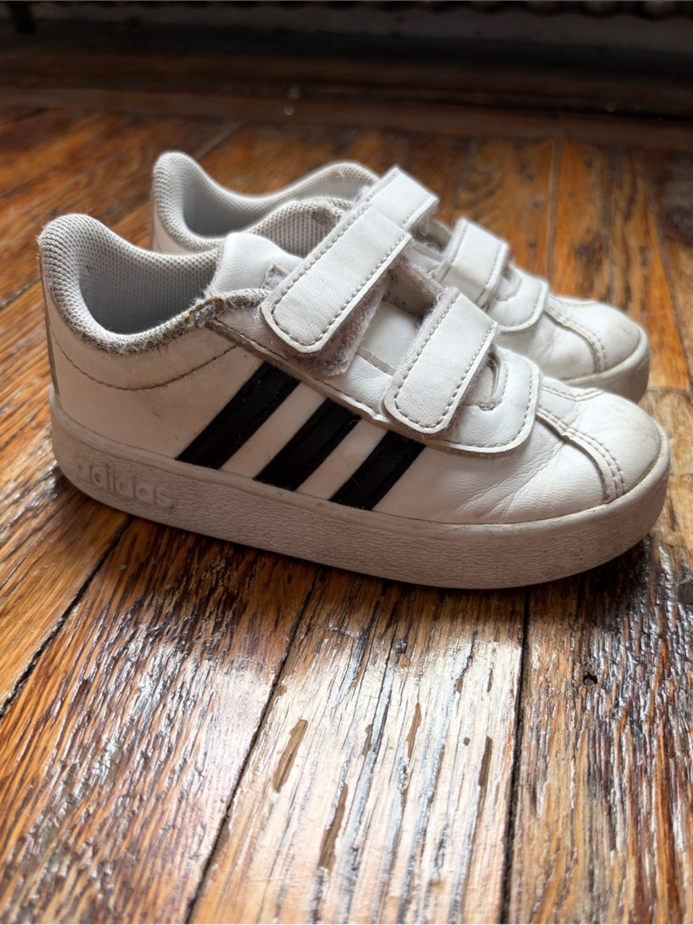 adidas White and Black Kids Velcro Strap Sneakers